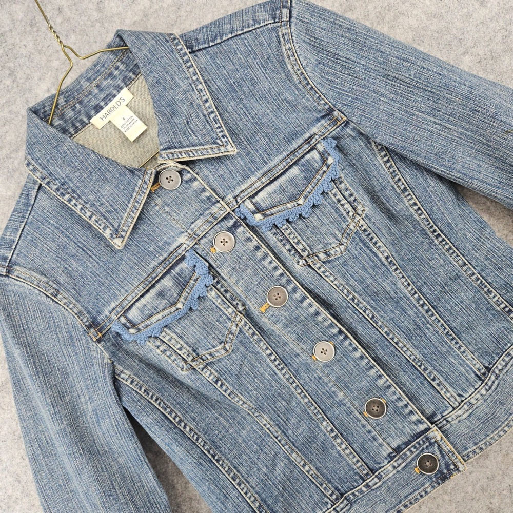 Harold's Denim Jacket Women Small Blue Crochet Trim Stretch Cotton Jean Coat